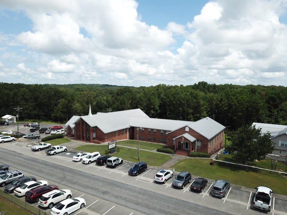 Aerial view of Pleasant Grove Baptist Church and surrounding grounds